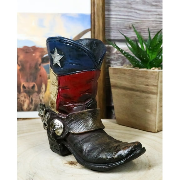 Rustic Western Cowboy Faux Leather Texas State Flag Boot With Spur Pen Holder
