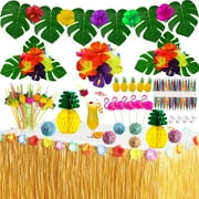 Tropical Luau Party Decorations Set Hawaiian Beach Theme Party Favors Luau Party Supplies with 9ft Luau Grass Table Skirt, Palm Leaves, Hibiscus Flowers, 3D Fruit Straws