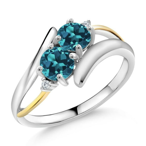 Gem Stone King 1.42 Cttw Round 5MM London Blue Topaz and Lab Grown Diamond 925 Silver and 10K Yellow Gold  Two Stone Crossover Ring for Women (Size 6)