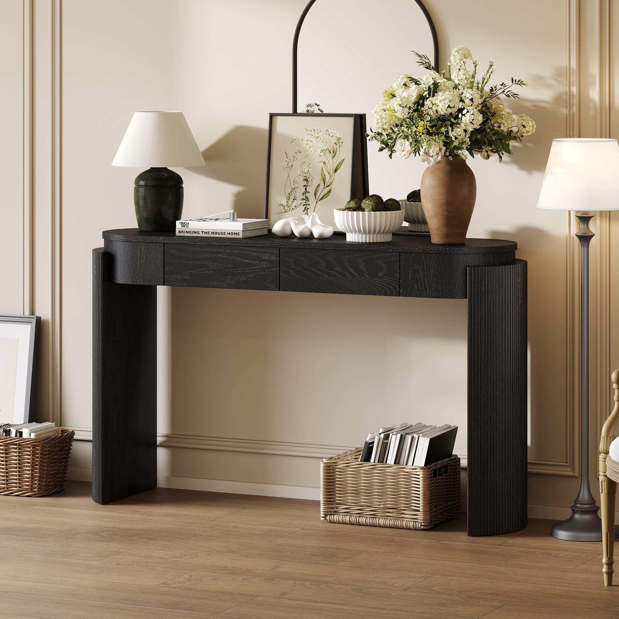 Harper & Bright Designs Fluted Console Table with Storage, Wood Entryway Table with Drawers and Oval Top Shelf, Black