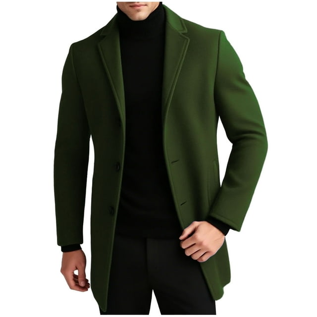 Coats for Men Solid Button Pocket Thicken Long Sleeve Woolen Windbreaker