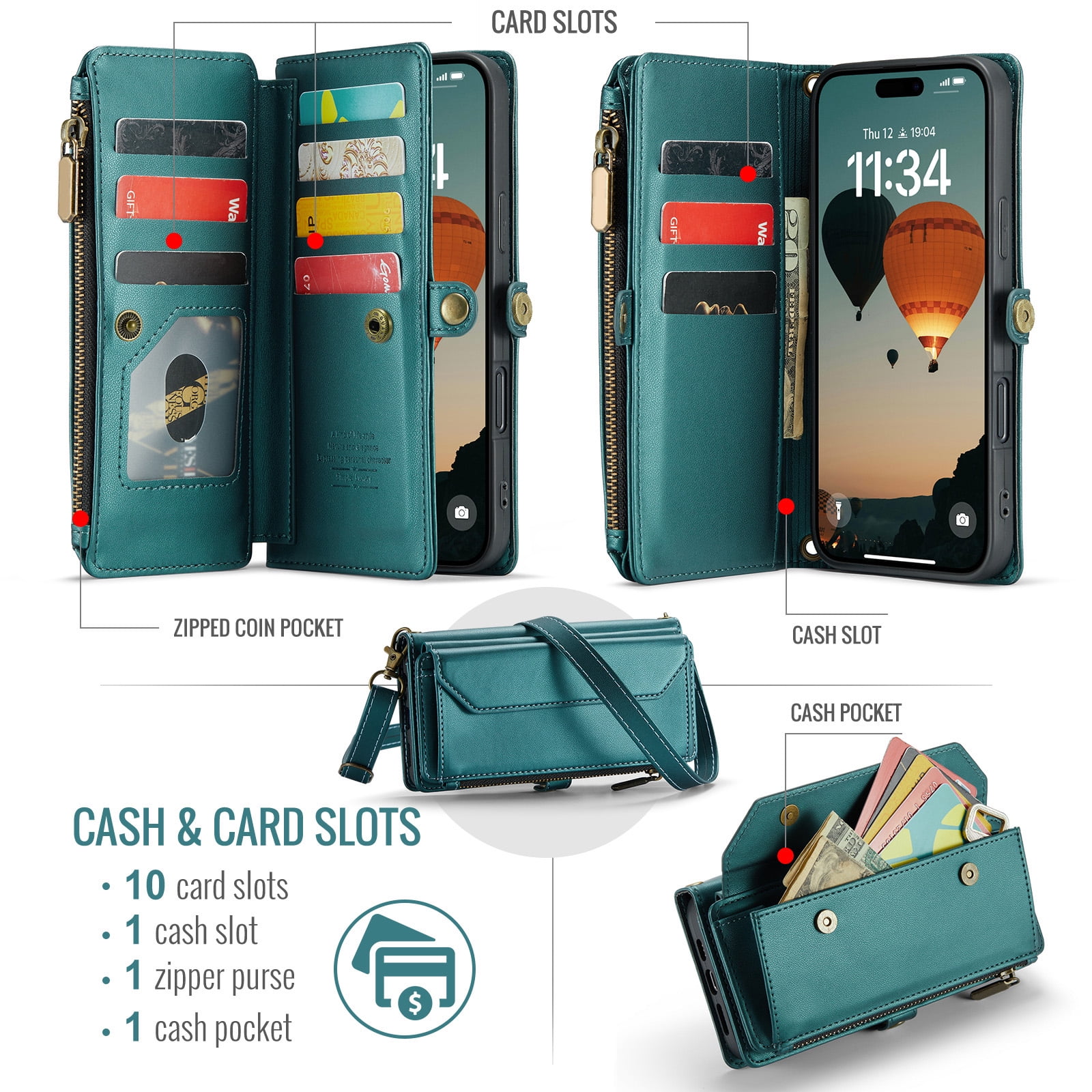 Compatible with iPhone 16 Plus 6.7 inch Zipper Wallet Phone Case Tempered Glass Screen Protector Crossbody Lanyard Strap Flip Card Holder Slot Cell Cover for i Phone16 16+ i16 + 16Plus Women Green