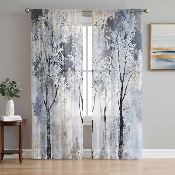 Sheer Curtains 84 Inches Long, Grey Forest Light Filtering Window Curtains for Living Room/Bedroom, Abstract Vintage Oil Painting Trees Rod Pocket Voile Sheer Curtain Drapes, 52"W x 84"L, 2 Panels
