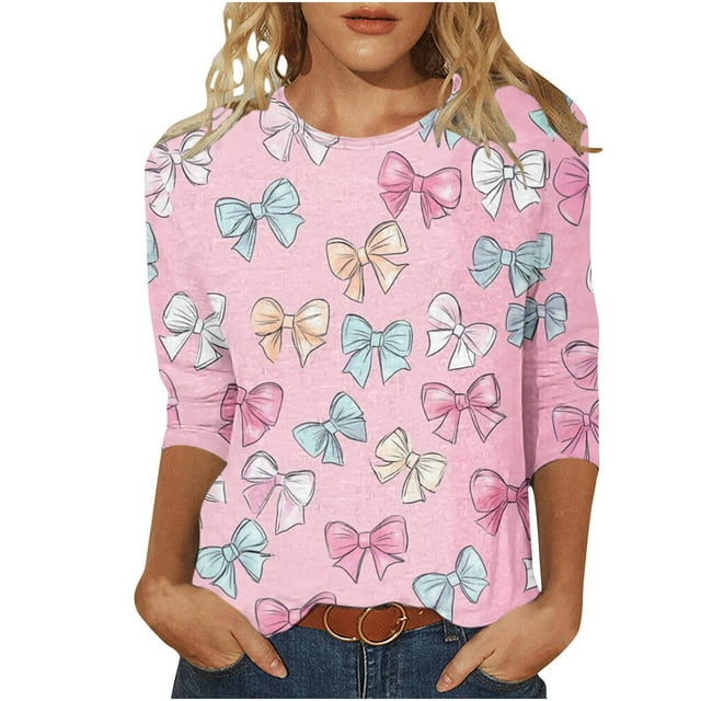 COM1950s T-Shirts pour Femmes, T-Shirt Décontracté pour Dames, Col Rond Imprimé, Manches 3/4, Haut Ample, Hauts Décontractés pour Femmes, T-Shirts pour Femmes