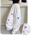 thumbnail image 5 of Crunowin Girls Cargo Pants, Retro Multi Pockets Elastic Waist Floral Patch Wide Leg Pants Size 12, 5 of 10