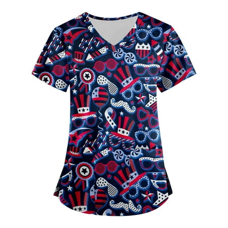 

Yubatuo Women Plus Size Scrubs Top with Pockets V-Neck Short Sleeve Printed Work Blouse for Women Royal Blue 2XL