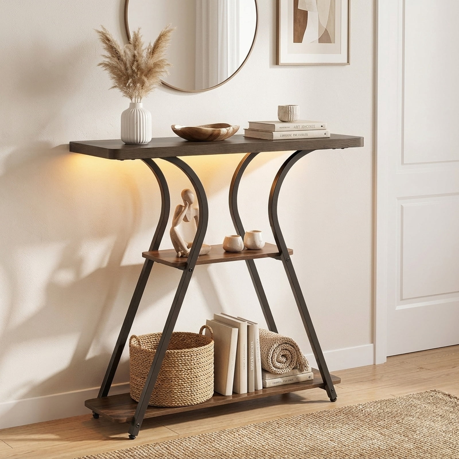 Furnibear 32 Inch Narrow Console Table for Entryway with USB Type-C AC Outlets 16-Color RGB LED Lights and 3-Tier Storage Shelves, Rustic Brown
