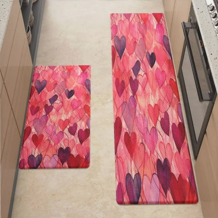 

Anti Fatigue Kitchen Mat Abstract Red And Pink Scribbled Hearts Sets of 2 Kitchen Rugs Non Slip Cushioned Standing Mat for Sink Floor Laundry Office Desk Mid 17.3 x 29 + Ultra 17.3 x 70.8