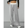 thumbnail image 4 of Women'S Contrast Color Waistband Sweatpants Wide Leg Pants with Drawstring Buckle Light Linen Gray M, 4 of 8