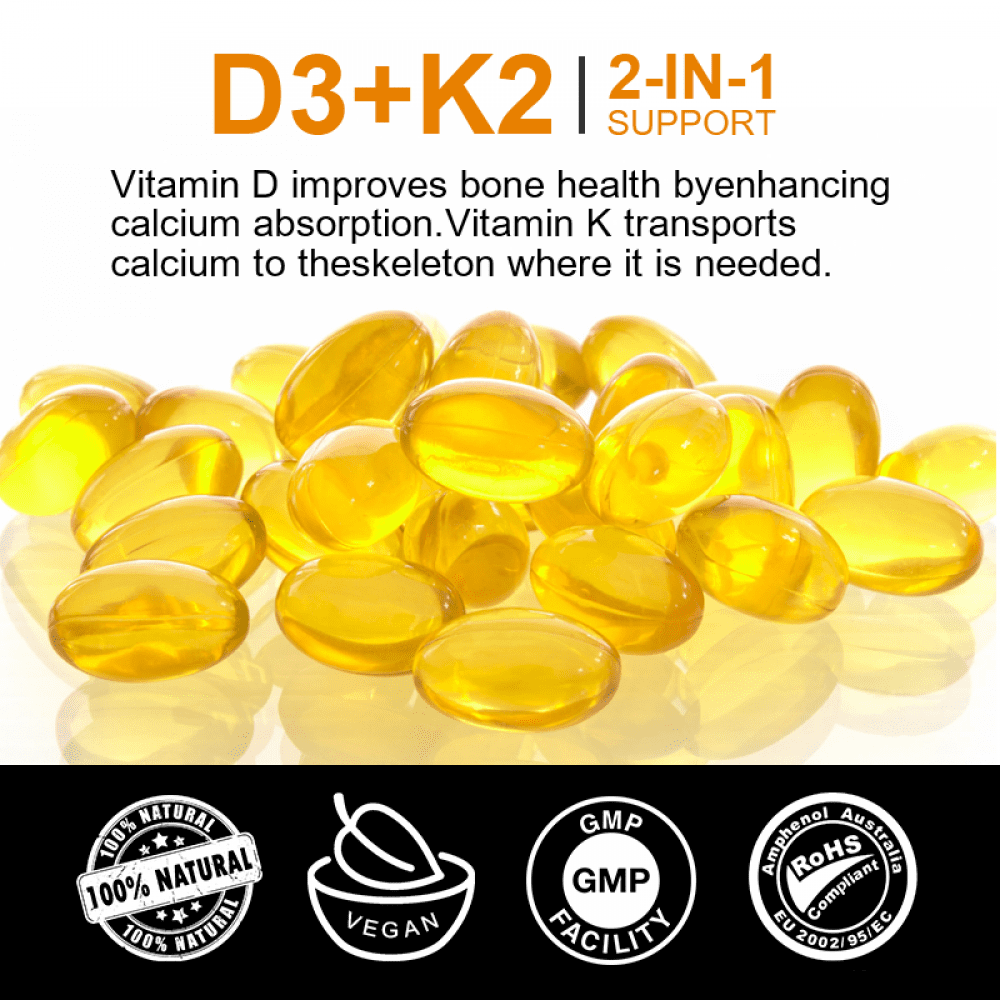(2 Pack)GPGP Vitamin D3 5000 IU + K2 (200mcg MK7) Supplement for Bone and Heart Health, Immune Support, 240 Softgels