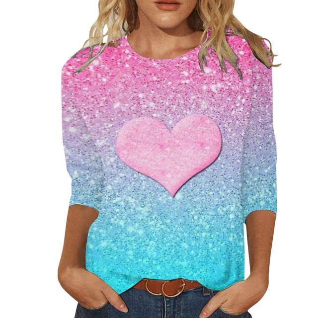 WEAIXIMIUNG T-Shirts Graphiques pour Femmes Motif de la Saint-Valentin Imprimé Manches Trois-Quarts Col Rond Tee Shirt Blouse