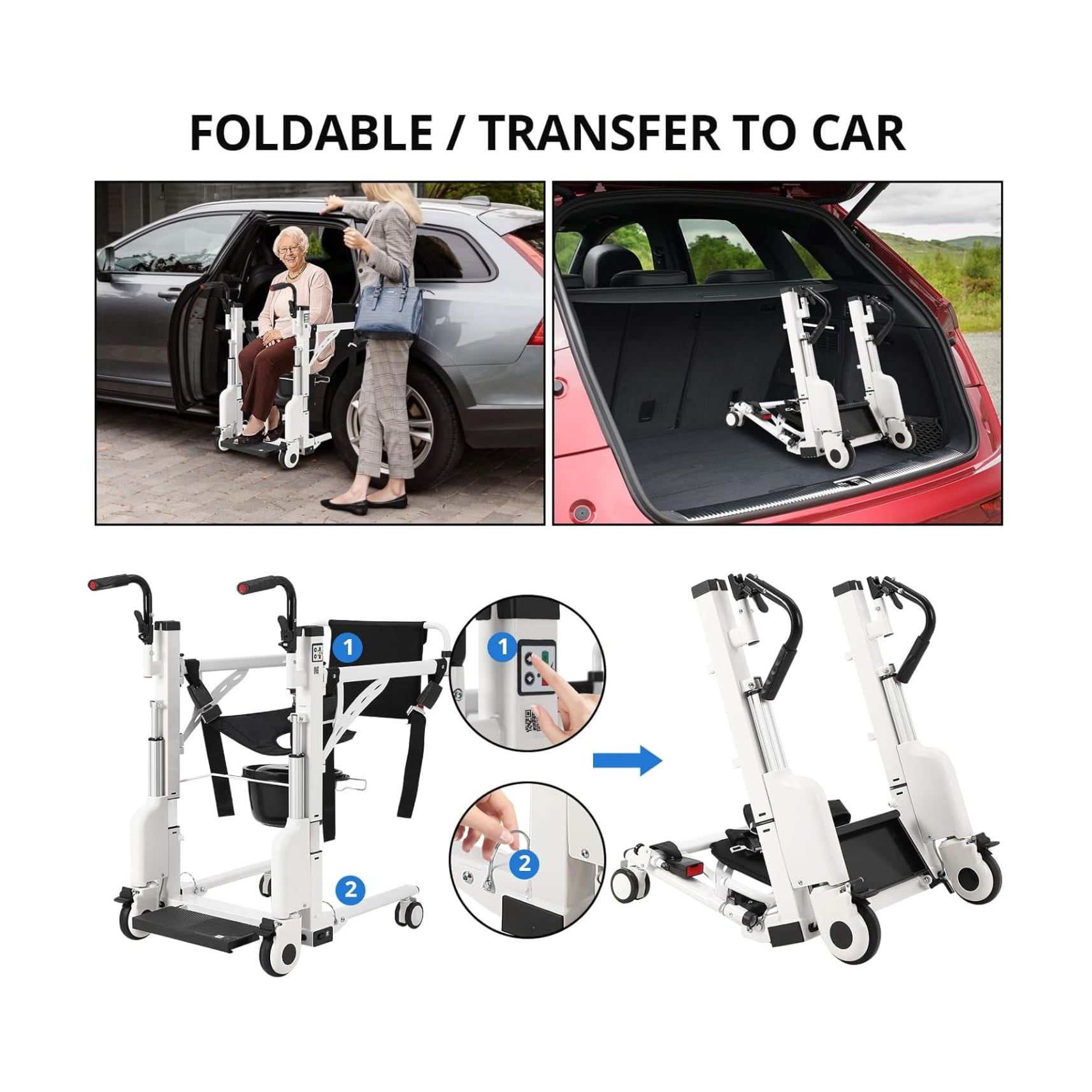 Electric Patient Lift Transfer Chair - Portable Car Lift Aid, Suitable for Elderly Care Workers, Lightweight Bedside Bathroom Wheelchair