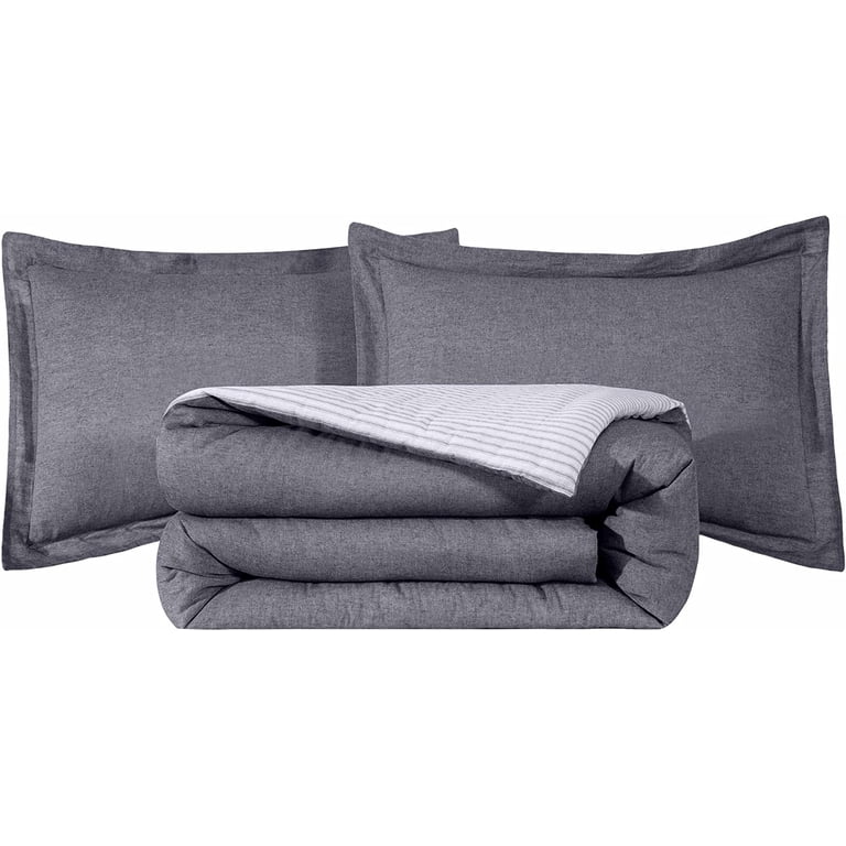 Chezmoi Collection Set Copripiumino King Size Chambray - Reversibile In Cotone, Denim Chiaro E Righe Gessate - 4