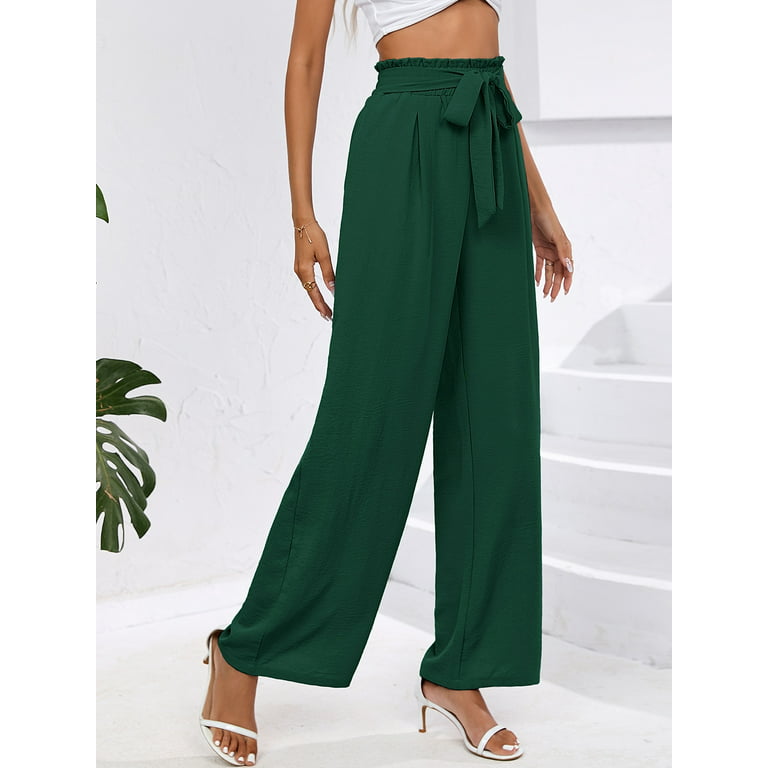 Chiclily Belted Wide Leg Pants for Women High Waisted Business Casual  Palazzo Pants Work Trousers Loose Flowy Summer Beach Lounge Pants with  Pockets, US Size Small in Dark Green 