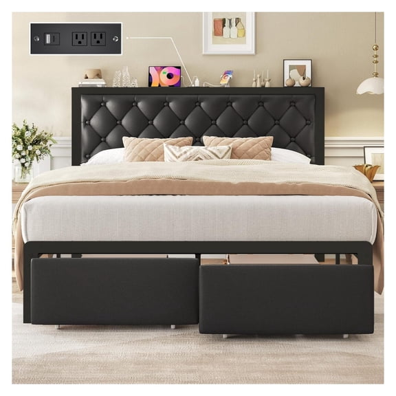 Queen Bed Frame with 2 Storage Drawers, Upholstered Headboard Button Tufted Bed Frame with Charging Station, No Box Spring Needed, Noise-Free, All Metal Structure, Black