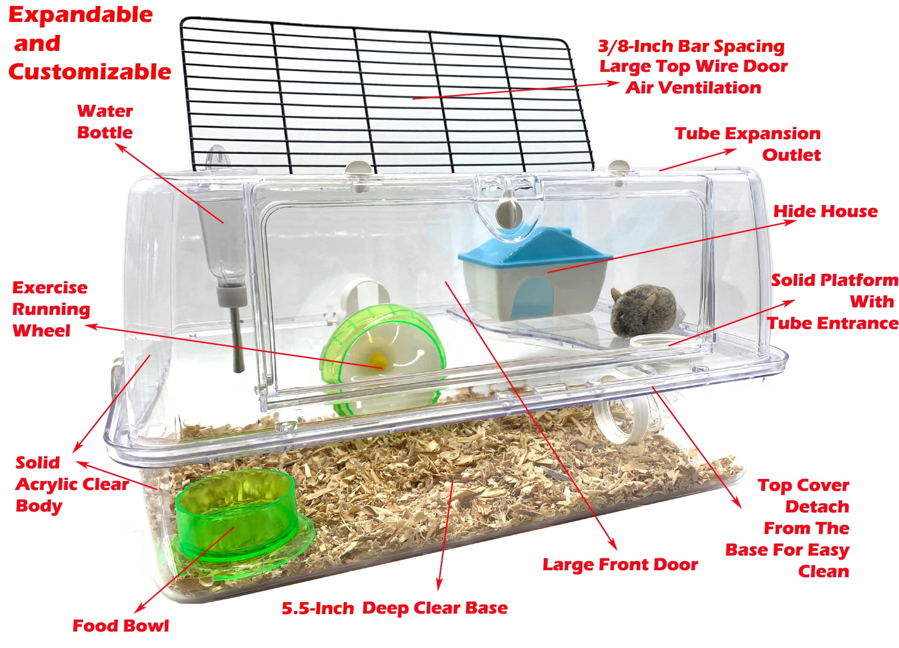 Acrylic Clear 2-Level Dwarf Hamster Palace Mouse Home Gerbil House Rat Habitat Cage Include Full Accessories With Running Wheel Water Bottle Hide House Food Bowl