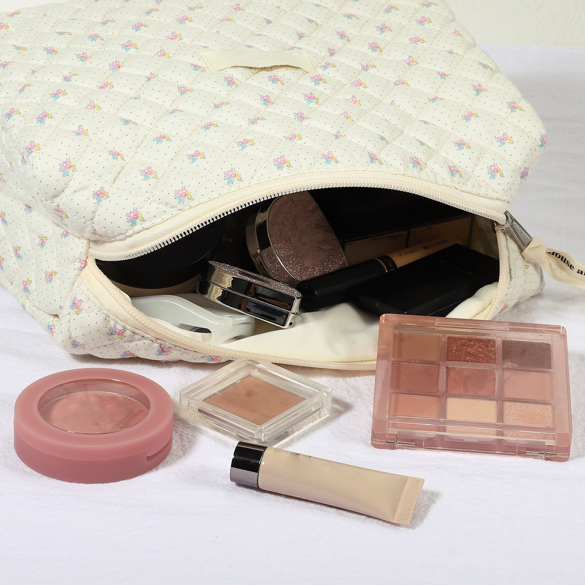 Unique Bargains Large Travel Cosmetic Pouch Quilted Toiletry Cotton Makeup Bag Beige