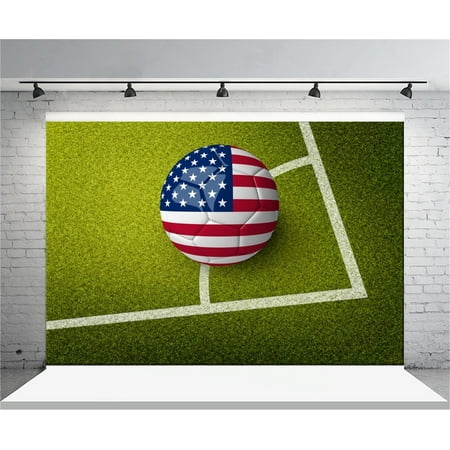 Image of HelloDecor 7x5ft Soccer Ball on Green Field with USA Flag Backdrop Football Pitch Photography Background Kid Boy Artistic Portrait Sports Match Photo Shoot Studio Props Video Drop Drape