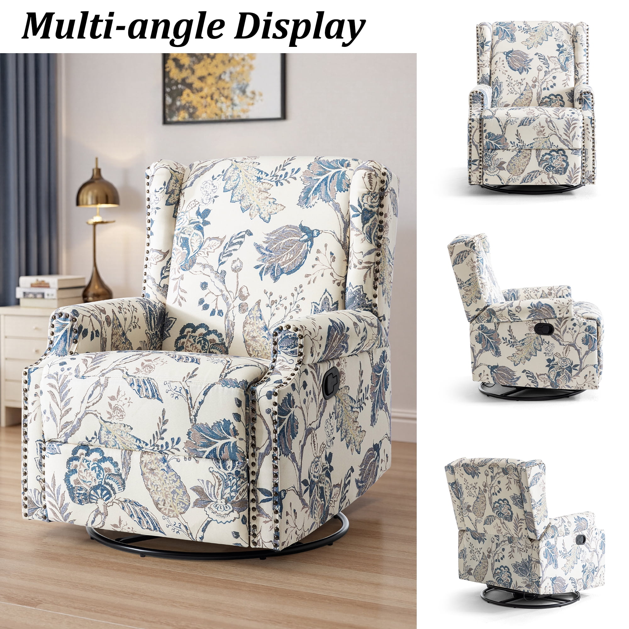 DREAMSIDEA Recliner Swivel Glider Rocker Nursery Chair for Adults, High Back Upholstered Rocking Armchair for Living Room, Manual Reclining Sofa Lounge Chair with Deep Seat in Fabric - Blue Plants