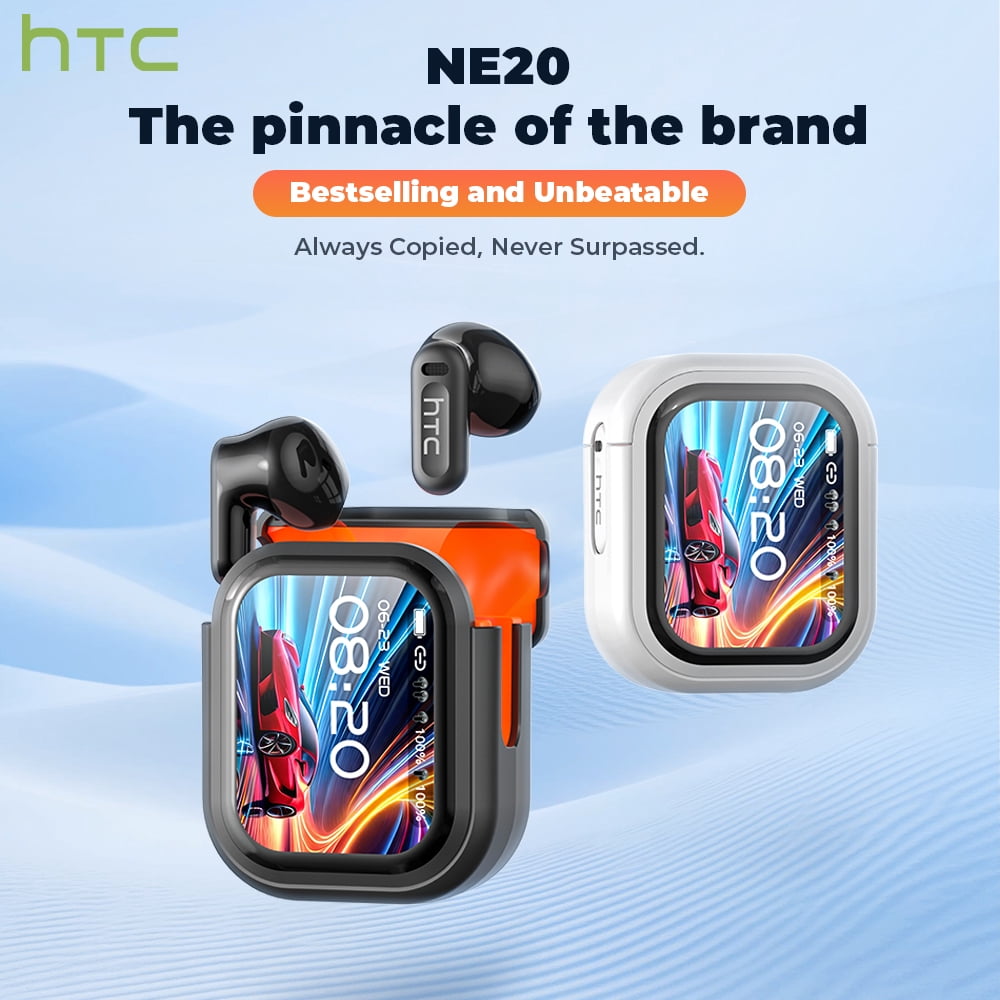HTC NE20 Wireless Earbuds Bluetooth 6.0 with Touch Screen Charging Case, Semi In-Ear Headphones with Mic, 55H Playtime, HiFi Stereo, IPX5 Waterproof Earbuds for iPhone Android, White