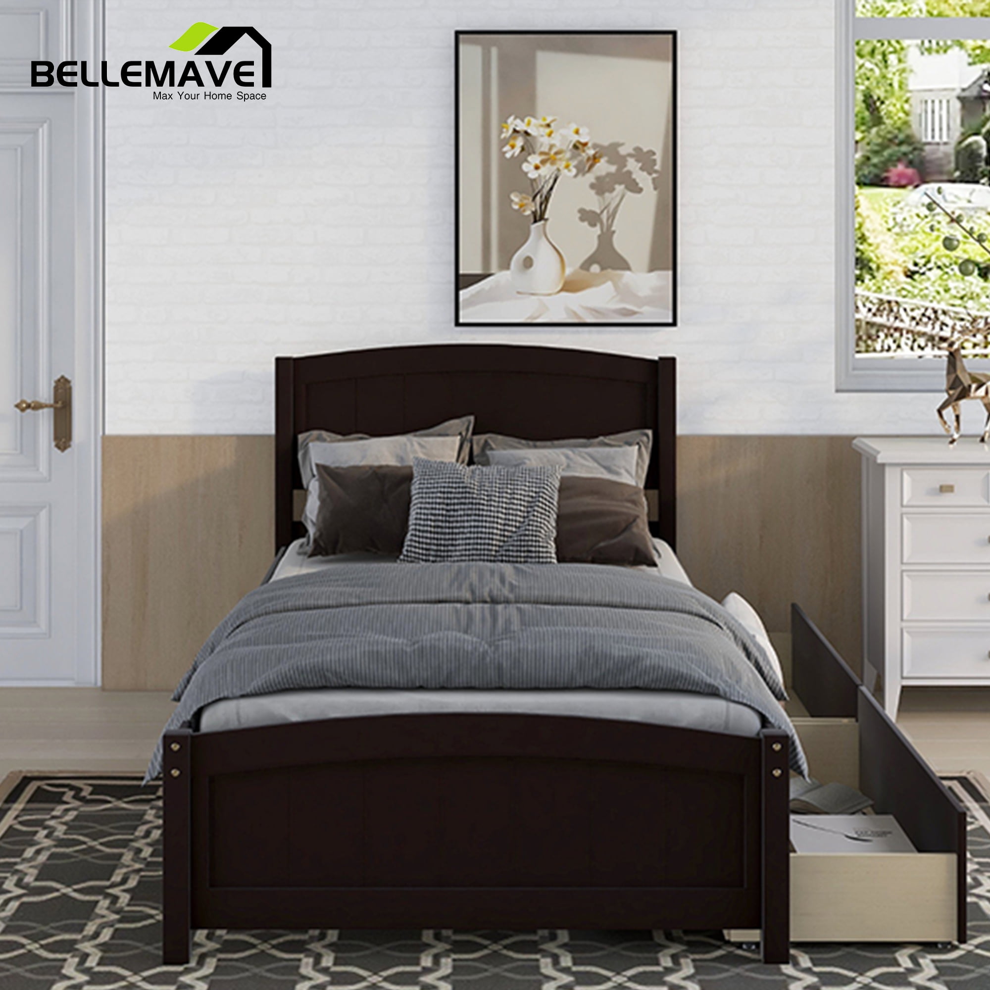 Twin Platform Bed Frame with Storage Drawer, Twin Bed Frames with Headboard and Slats, Twin Size Platform Bed Frame(Espresso)