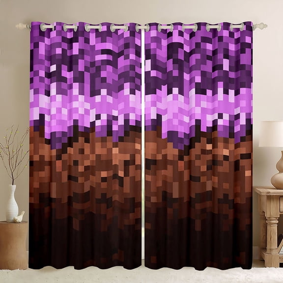 Castle Fairy Boys Girls Pixel Grid Miners Blackout Curtains Set of 2 (52x84 Each),Geometric Grid Patchwork Window Curtains,Gamepad Camouflage Curtains and Drapes,Luxury Bedroom Decor