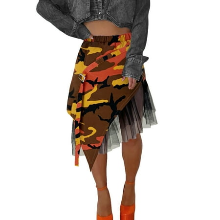 

Womens Casual Camouflage Belt Skirt Splice Skirt Irregular Mesh Hem Split Elastic Waist Skirt Maternity Skirts for Women