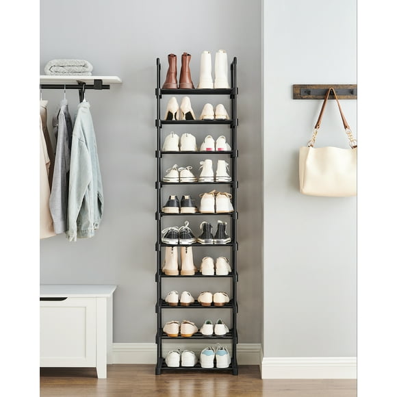 SONGMICS Zapatero de metal de 10 niveles, diseño personalizable, ahorro de espacio y estante versátil, para sala de estar, dormitorio, 17.7 x 11.8 x 68.5 pulgadas, Negro