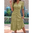 thumbnail image 4 of Womens V Neck Short Sleeve Solid Color Casual Dress Summer Chic Midi Dress Matcha Green S, 4 of 6