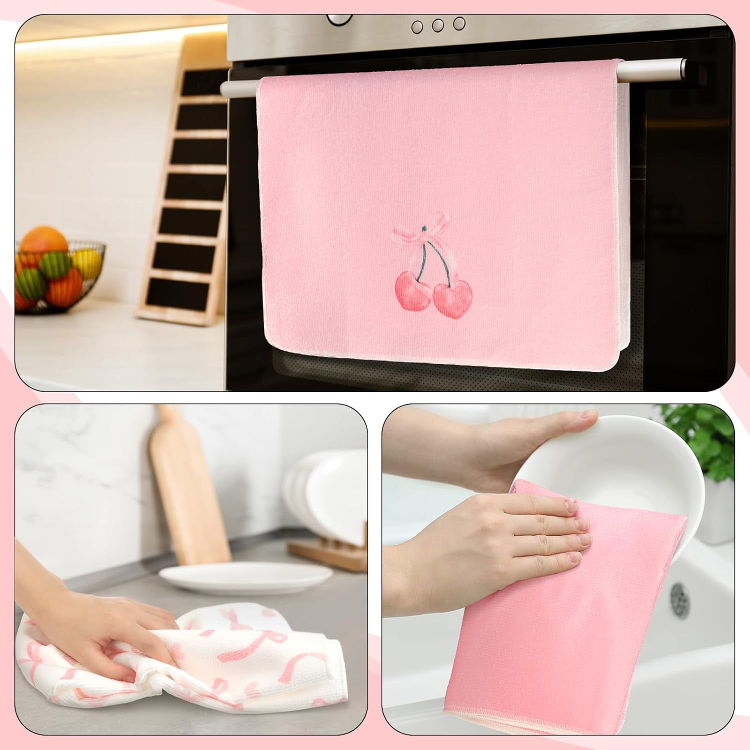 Pink Bow Hand Towels Set Pink Coquette Kitchen Towels 18 x 26, 6 Pack Coquette Decor Dishes Absorbent for Bathroom Kitchen Decor Soft Dish Cloth for Women Gifts
