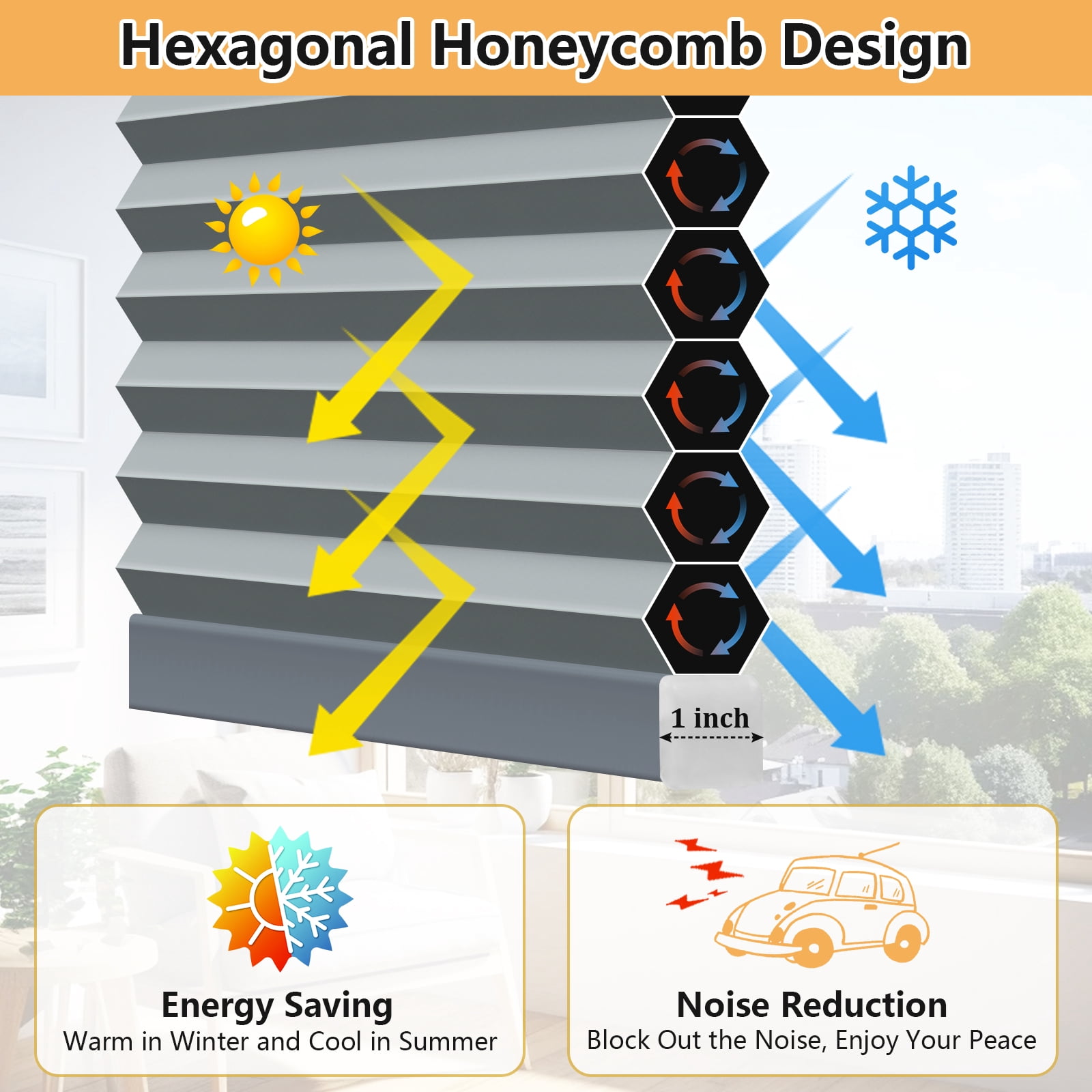 Shade&Beyond 34"x48" No Drill Cordless Blackout Cellular Shades, Thermal Insulated Noise Reducing Honeycomb Blinds for Indoor Windows, Dark Gray