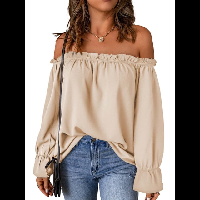 Blusa Informal Holgada de con Hombros Descubiertos y Volantes de Larga para Mujer. Albaricoque L