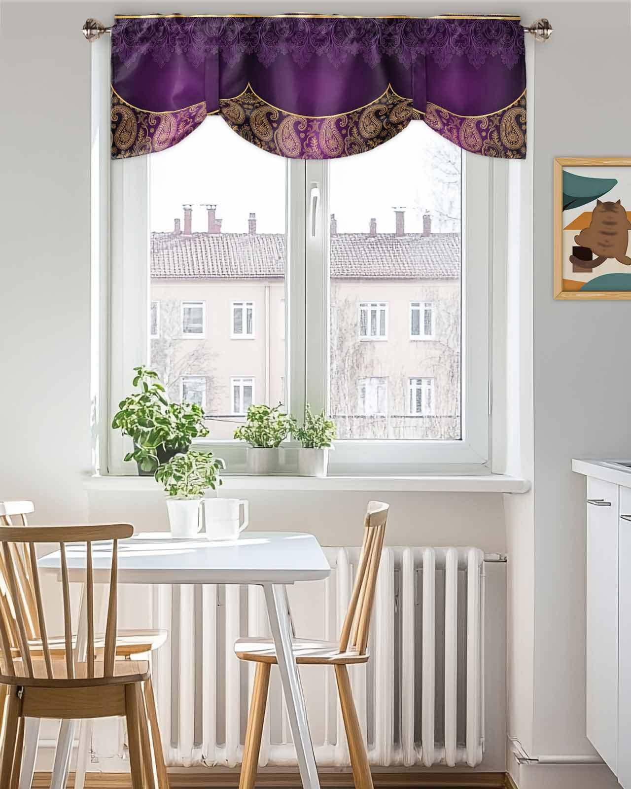 Purple Bohemian Floral Tie Up Valances Curtain, Flower Pattern Vintage Luxurious Kitchen Valances for Windows Decor, Rod Pocket Short Curtains Set for Bedroom/Bathroom, 60"x18"