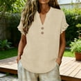 thumbnail image 3 of MOJOGO Women's Ruffle Short Sleeve Tops V Neck Linen Blouse Loose Quarter Button Up Shirts Loose Casual Summer Tops, 3 of 6