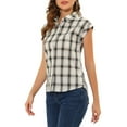 thumbnail image 4 of INSPIRE CHIC Chemise à Carreaux pour Femme à Col Pointu, Manches Courtes à Revers, Boutonnée, Blanche, TG, 4 of 5