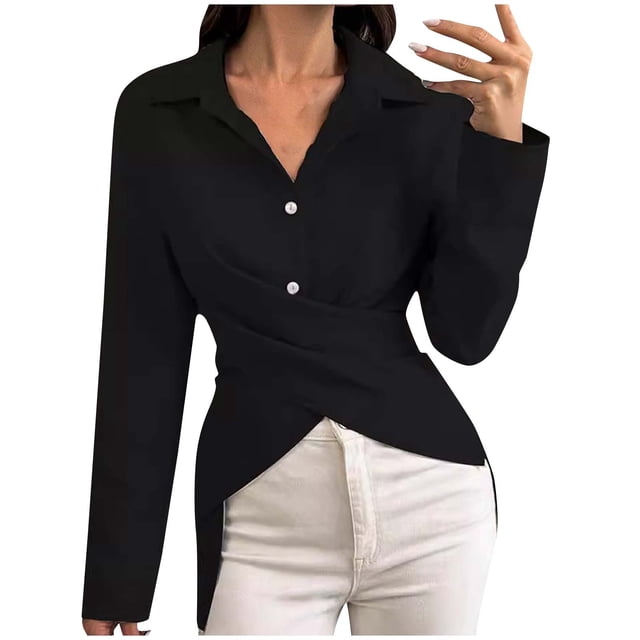 Timegard Womens Long Sleeve Tops Button Irregular Hem V Neck Shirts Casual Solid Color Dress Blouses