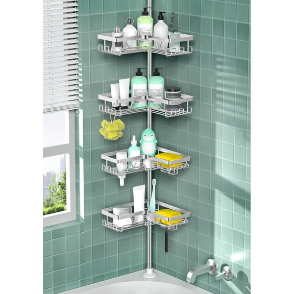 YIGII Shower Caddy Tension Pole - Corner Shower Shelves with Soap Holder (Stainless Steel, Silver, Floor to Ceiling 25-114.2 inch)
