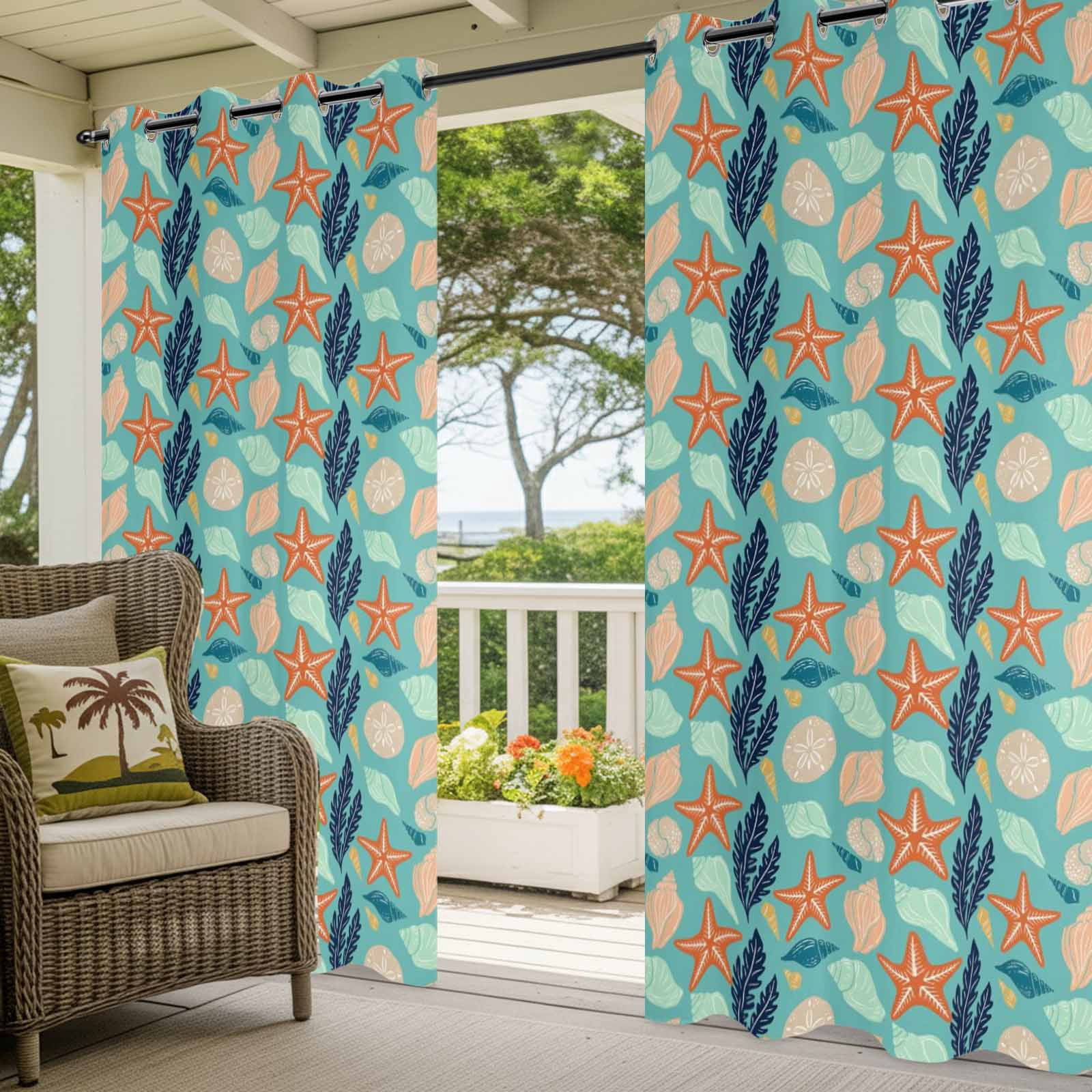 Ocean Life Outdoor Curtains for Patio, Orange Starfish Conch Coral Sea Urchin Green Sunshade Privacy Drapes Grommet Waterproof Outside Curtains for Porch/Cabana/Balcony 54"x 95", 2 Panel