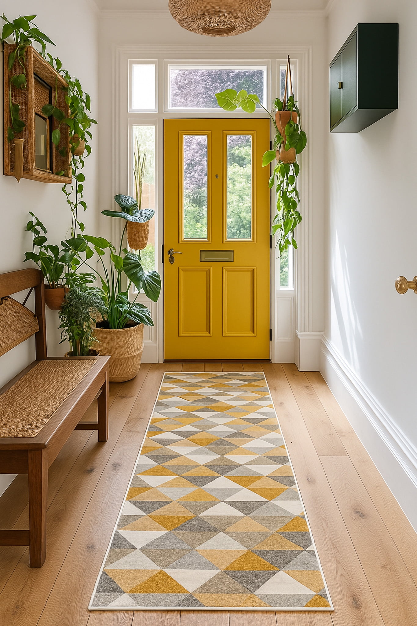 Tapis Branch Savannah 2' x 7' (Taille exacte : 2'3" 7') de couloir moderne du milieu siècle, jaune beige, géométrique pour entrée, couloir, salle bain et cuisine