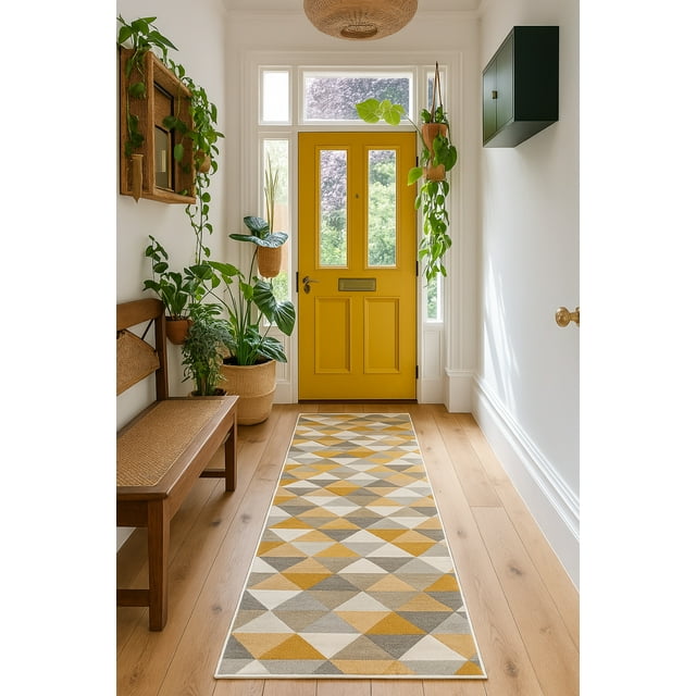 Rug Branch Solvi 2' x 13' (2'3" x 13') Yellow/Beige Geometric Indoor Runner Rug, Contemporary, Medium Pile, Stain-Resistant Hallway Carpet - Entryway, Mudroom, Bedroom, and Kitchen