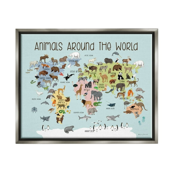 Stupell Animals Around The World Map Animals & Insects Painting Gray Floater Framed Art Print Wall Art