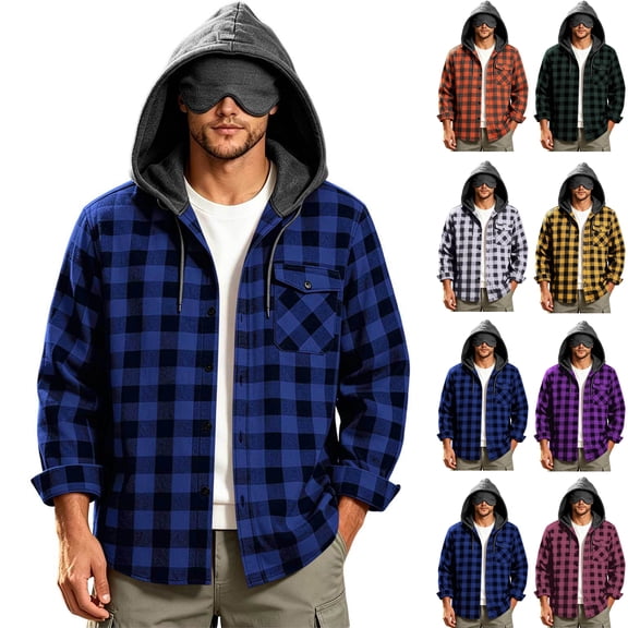 Men's Hooded Plaid Jackets,Button Down Long Sleeve Shacket,with Check Pocket and Drawstring,Casual Outerwear Coat for Weekend Outing