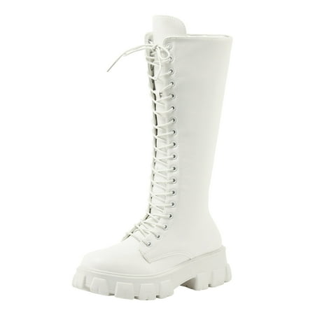 

Fsqjgq Sequin Thigh High Boots for Women Ladies British Style Solid Leather Lace Up Side Zip Platform Fashion Long Boots Womens Slim Boot White 41