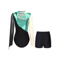 thumbnail image 2 of Rswnyirn Women Rhinestones Gymnastics Leotard With Shorts Long Sleeve Dance Bodysuit Unitards Catsuit Blue Green XL, 2 of 5