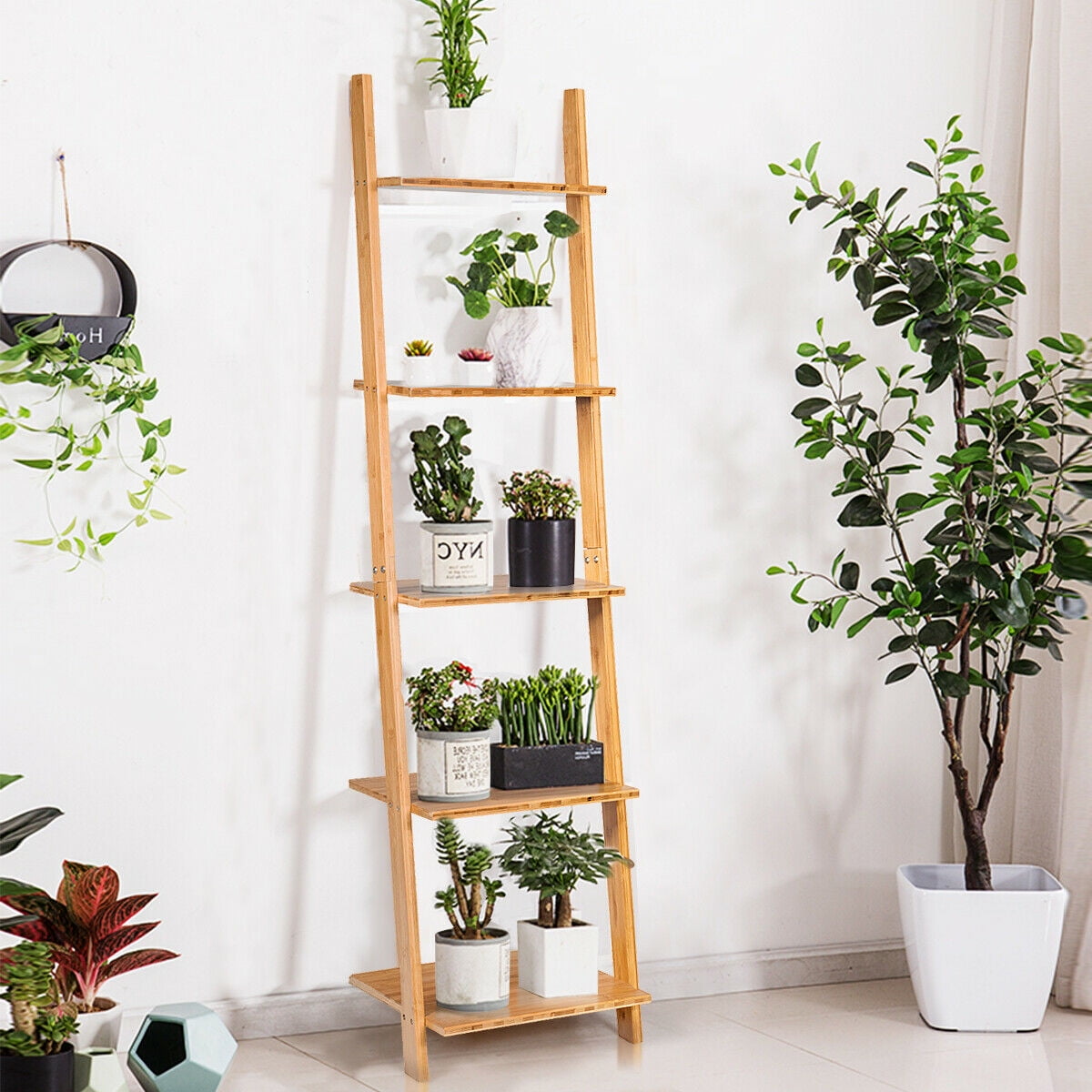 Gymax 5-Tier Ladder Shelf Modern Ladder Bookcase Open Display Bamboo Leaning Bookshelf