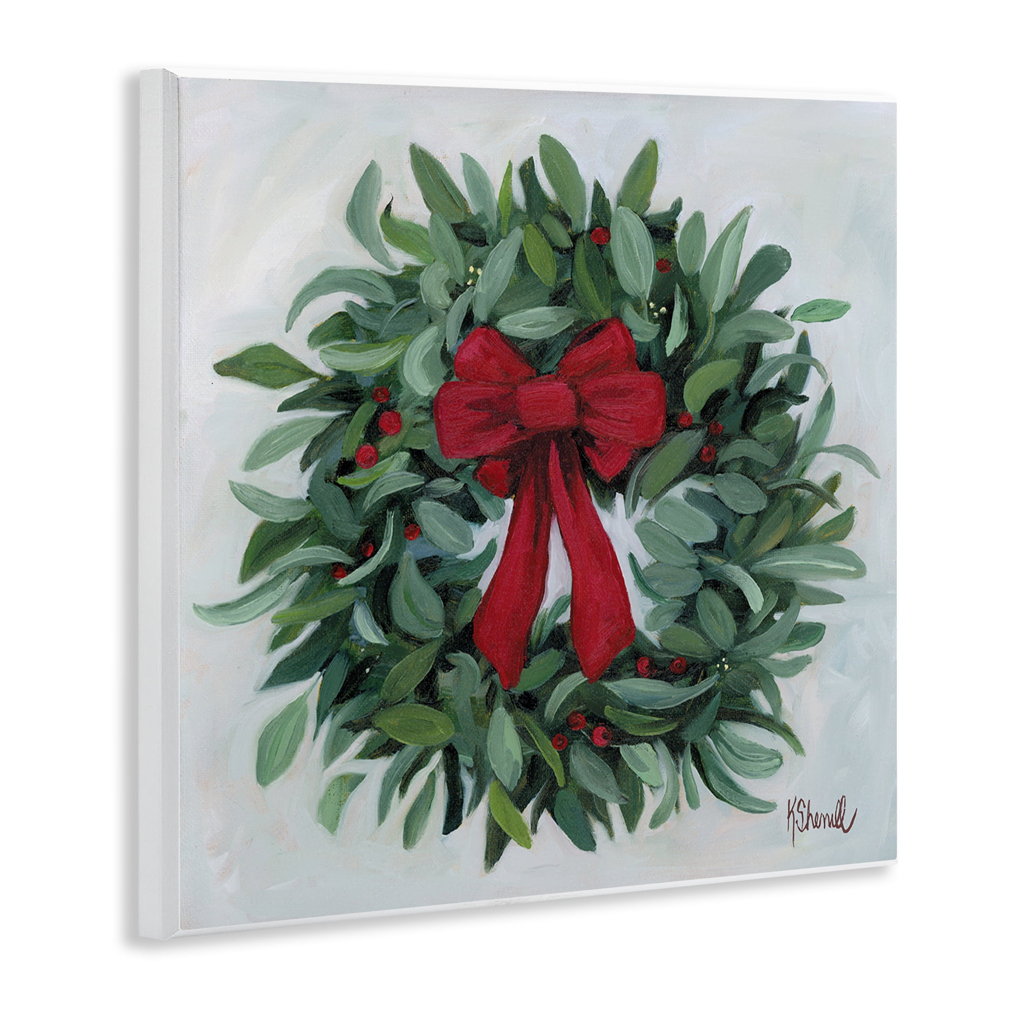 Stupell Industries Wreath with Red Bow Holiday Painting Unframed Art Prints Wall Art, 12 x 12
