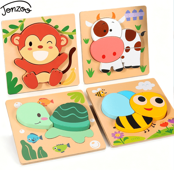 Jonzoo Richgv Wooden Puzzles for Toddlers, Montessori Toys Educational Learning Toys for 1-3 Year Old Kids, 4 Pack Animals Puzzles Toddler Toys Birthday Gifts for Girls Boys