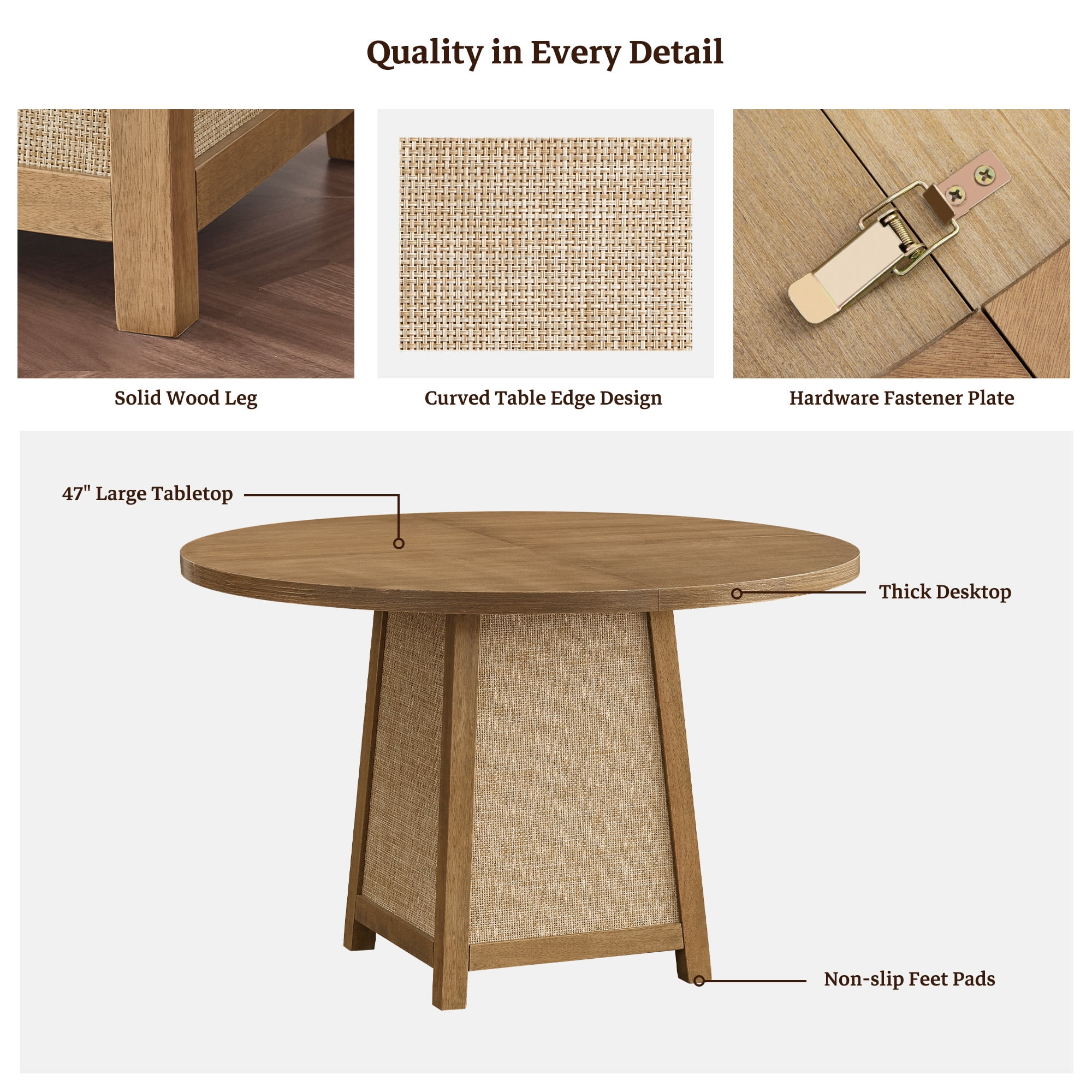 SICOTAS 47" Boho Round Solid Wood Dining Table for 4, Farmhouse Rattan Kitchen Table with 1.4" Thickened Tabletop for Dining Room, Living Room, Natural Wood