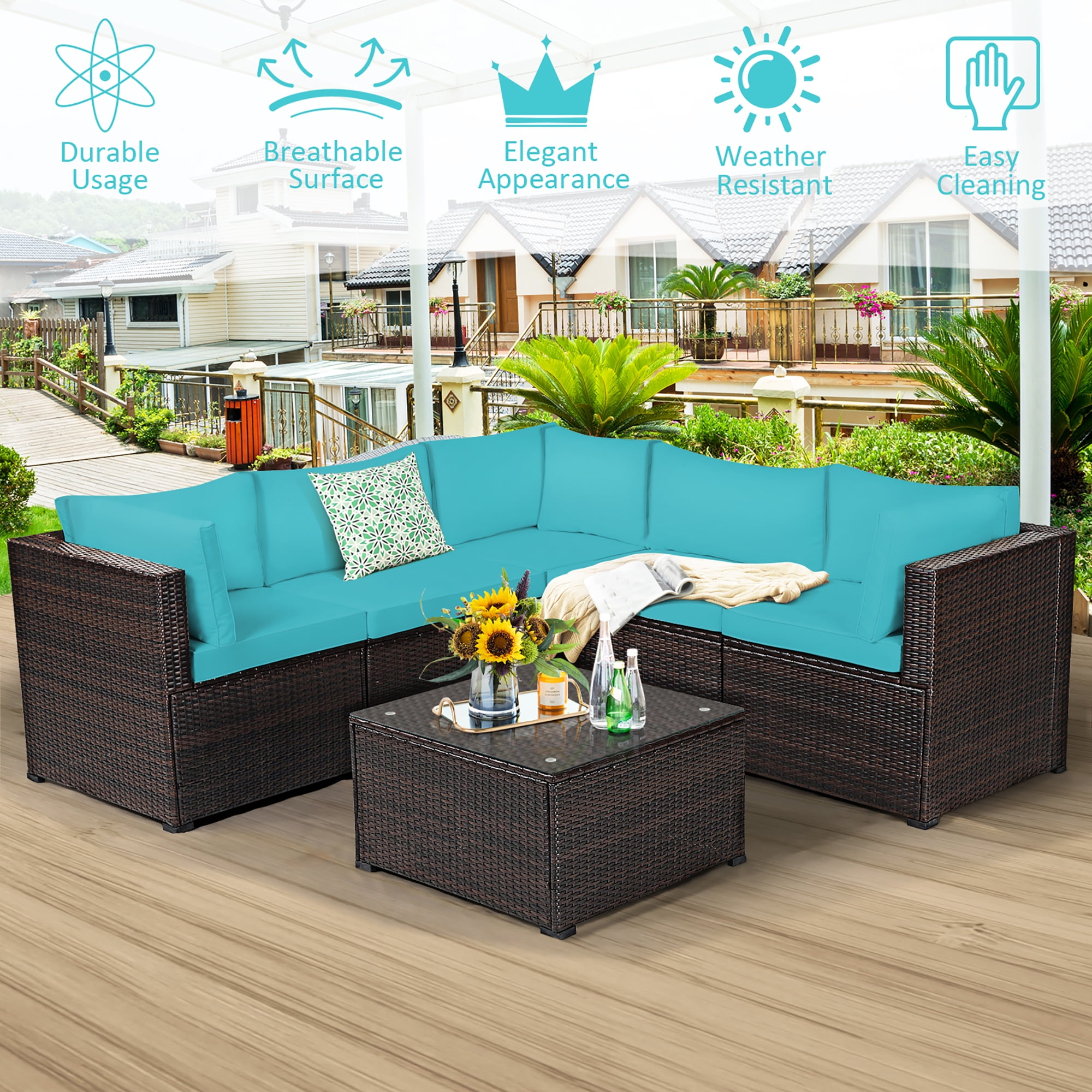 Costway 6PCS Patio Rattan Furniture Set Sectional Cushioned Sofa Deck Turquoise