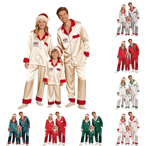 HNMKIU Father Son Matching Christmas Pajamas Family Sleepwear Sets Long Sleeve Silk Like Loungewear Outfit for Parents Kids Holiday Cozy Nightwear